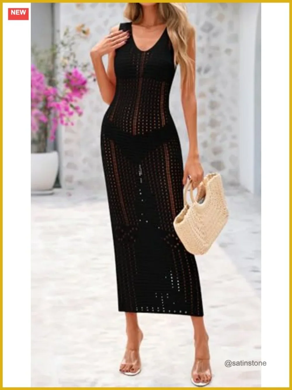 Crochet Swimsuit Coverup Sleeveless V-Neck Maxi Beach Vacation Cover Up